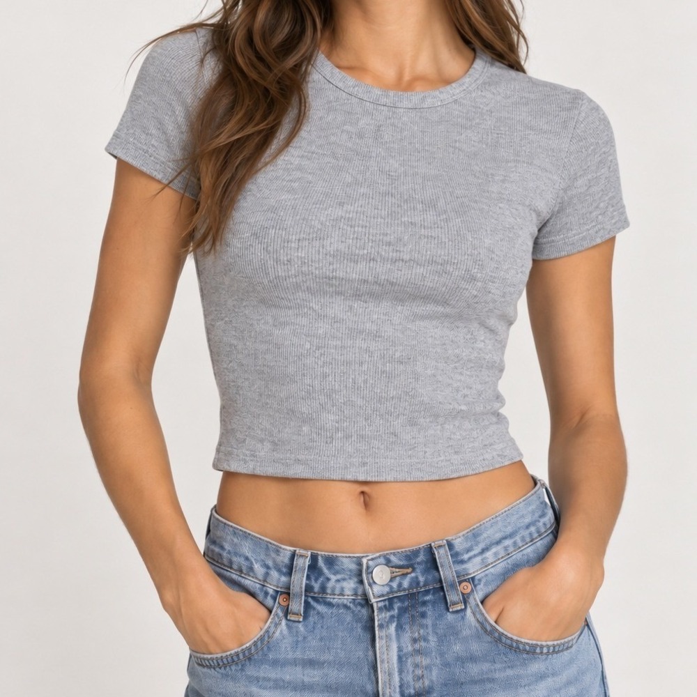 Reformation Heather Gray Ribbed Organic Cotton Stretch Cropped Baby Tee Women M